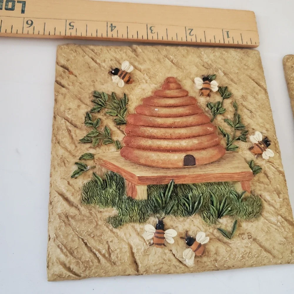 Vintage CB Beehive and Potted Plants Resin Wall Plaques Set of 2 Garden Art
